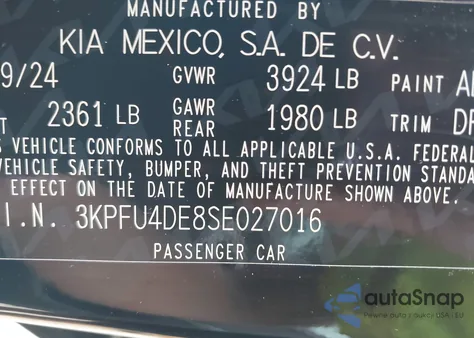 2025 Kia K4 Ex из США, поврежденный, VIN 3KPFU4DE8SE027016